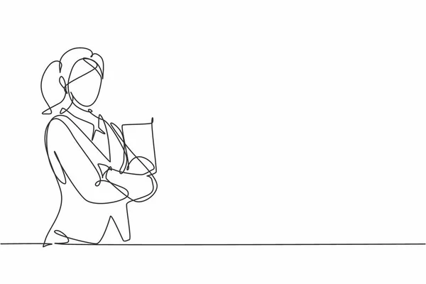 Eine Durchgehende Linie Zeichnet Eine Junge Kellnerin Die Ein Resto — Stockvektor