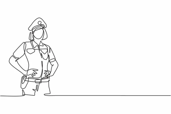 Jednoduchá Souvislá Kresba Mladé Krásné Policejní Ženy Uniformě Držící Ruce — Stockový vektor