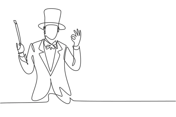 連続1行のジェスチャーで魔術師は大丈夫帽子をかぶって テレビ番組で観客を楽しませる準備ができて魔法の棒を保持します いい仕事だ 1本の線画ベクトルグラフィックイラスト — ストックベクタ