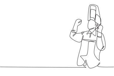 Ateşle eritilmiş çelik iskelet inşaatı için sürekli bir kaynakçı çizimi ve kutlama jestleri. Başarı işi. Tek çizgi çizimi tasarım vektörü grafik çizimi