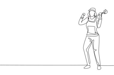 Tek sıra bayan tesisatçı kutlama jesti ile ayakta duruyor ve elinde kırık su tesisatını tamir eden marangozluk aleti var. Başarılı bir iş. Aralıksız çizgi çizimi tasarım grafik vektör çizimi