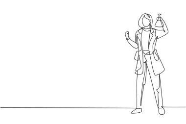 Sürekli bir çizgi çizen kadın bilim adamı jesti kutluyor ve elinde kimyasal sıvıyla dolu bir ölçüm tüpü tutuyor. Başarı işi. Tek çizgi çizimi tasarım vektörü grafik çizimi