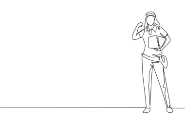 Tek sıra halinde teslimatçı kadın müşterilerin sipariş ettiği paket kutusunu taşıyarak kutlamaya devam ediyor. Profesyonel bir iş. Tek çizgi çizimi tasarım vektörü grafik çizimi