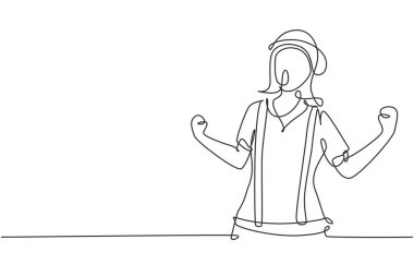 Sürekli bir çizgi halinde, kutlama jesti ve beyaz makyajlı kadın pandomimci sirk arenasında sessiz sinema komedi gösterisi yapıyor. Tek çizgi çizimi tasarım vektörü grafik çizimi