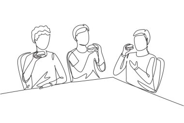 Genç ve gülen erkekleri bir araya getiren tek sıra. Arkadaşlar restoranda fast food yiyorlar. Mutlu insanlar oturur ve hamburgerlerini yer. Bir çizgi çizimi grafik illüstrasyonu