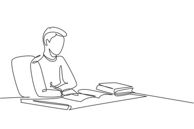 Masanın etrafında oturan, okuyan, öğrenen genç bir adamın çizdiği tek satır. Kütüphanede çalış. Zeki öğrenci, eğitim konsepti. Aralıksız çizgi çizimi tasarım grafik vektör çizimi