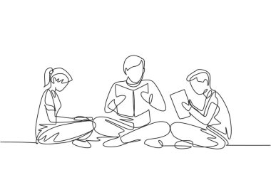 Tek sıra halinde, erkek öğretmen ve iki öğrenci erkek ve kız öğrenci okuma, öğrenme ve birlikte oturma. Kütüphanede çalış. Eğitim konsepti. Bir çizgi çizimi grafik tasarım vektör çizimi