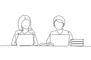 Dizüstü bilgisayarı ve kitap yığınıyla ders çalışan iki genç kadını çizmeye devam et. Okula dönmek, zeki öğrenciler, online eğitim konsepti. Tek çizgi çizimi tasarım vektörü grafik çizimi