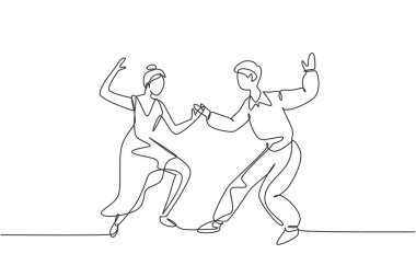 Tek sıra halinde dans eden erkek ve kadın Lindy hop ya da Swing. Erkek ve kadın karakterler okulda ya da parti gecesinde dans ediyorlar. Modern sürekli çizgi çizimi tasarım grafik vektör çizimi