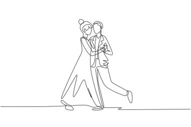 Tek sıra halinde, profesyonel dansçı erkek dansçı çift dans ediyor, dans pistinde vals yapıyor. Romantik bir gece. Dinamik bir çizgi çizer grafik tasarım vektörü çizer