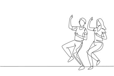 Tek sıra halinde dans eden erkek ve kadın Lindy hop ya da Swing. Erkek ve kadın karakterler okulda dans ediyorlar. Mutlu bir çift. Dinamik bir çizgi çizer grafik tasarım vektörü çizer