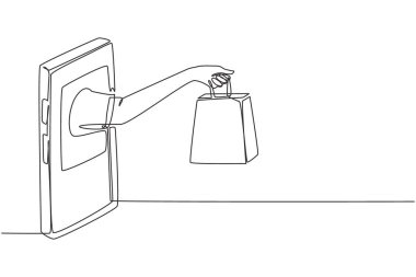 Tek sıra halinde akıllı telefon ekranından alışveriş çantası tutarak el çiziyor. İndirimli, internet ve alet edevat konseptli dijital yaşam tarzı. Dinamik bir çizgi çizer grafik tasarım vektörü çizer