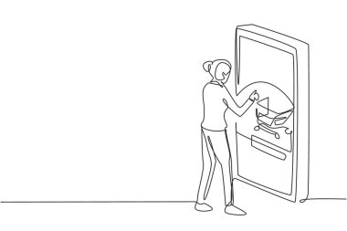 Devamlı bir çizgi halinde genç bir kadın dev bir akıllı telefon ekranı ile online alışveriş yapıyor. İndirimli, internet ve alet edevat konseptli dijital yaşam tarzı. Tek çizgi çizimi tasarım vektörü grafik çizimi