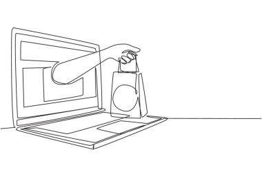 Tek sıra halinde dizüstü bilgisayardan alışveriş torbası çekiyoruz. İndirimli, internet ve alet edevat konseptli dijital yaşam tarzı. Dinamik bir çizgi çizer grafik tasarım vektörü çizer