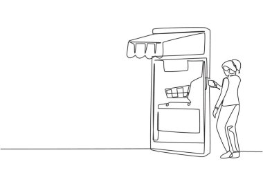 Tek sıra, genç bir kadının alışveriş arabasıyla paraşütlü akıllı telefon ekranına kredi kartı sokması. Dijital ödeme konsepti. Modern sürekli çizgi çizimi tasarım grafik vektör çizimi