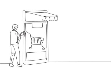 Tek sıra halinde genç bir adam alışveriş arabasıyla büyük bir tepe örtüsü akıllı telefon ekranına kredi kartı sokuyor. Dijital ödeme konsepti. Modern sürekli çizgi çizimi tasarım grafik vektör çizimi