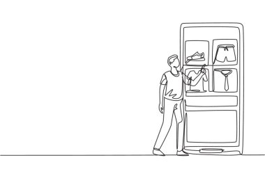 Tek sıra halinde dev bir akıllı telefon ekranından alışveriş malzemeleri seçen genç bir adam. İnternet ve cihaz konseptli dijital yaşam tarzı. Aralıksız çizgi çizimi tasarım grafik vektör çizimi