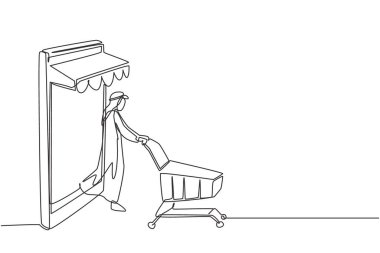 Tek sıra halinde, paraşütlü akıllı telefondan çıkan Arap bir adam alışveriş arabasını itiyor. Dijital yaşam tarzı tüketim konsepti. Modern sürekli çizgi çizimi tasarım grafik vektör çizimi