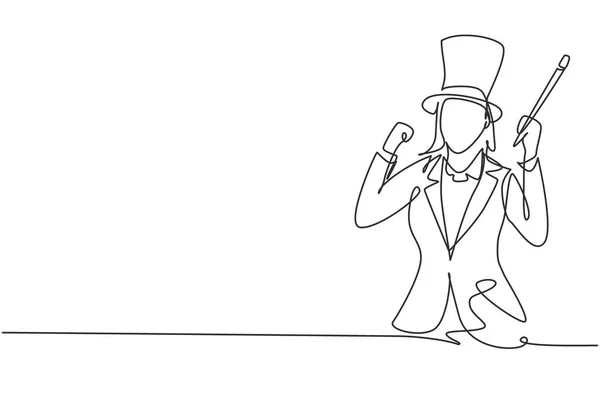 帽子をかぶったジェスチャーを祝うとテレビで観客を楽しませる準備ができて魔法の棒を保持している単一の連続ライン描画女性魔術師 グラフィックデザインベクトル図を描く1行 — ストックベクタ