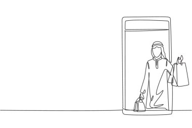 Tek sıra halinde akıllı telefon ekranından elinde alışveriş torbalarıyla çıkan genç bir Arap geliyor. Dijital yaşam tarzı ve tüketim konsepti. Dinamik bir çizgi çizer grafik tasarım vektörü çizer