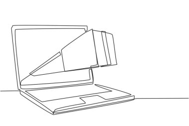 Büyük dizüstü bilgisayardan paket kutusu çizmeye devam et. Online dağıtım web sitesi konsepti. Çabuk cevap ver ve müşteriye kargo gönder. Tek çizgi çizimi tasarım vektörü grafik çizimi
