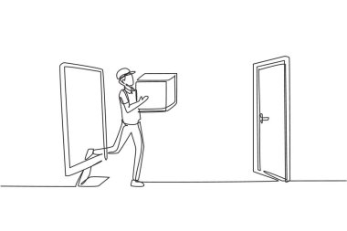 Tek çizgi çizen kurye, paket kutusunu müşterinin kapısına taşırken monitör ekranından çıkıyor. Çevrimiçi dağıtım servisi. Modern sürekli çizgi çizimi tasarım grafik vektör çizimi