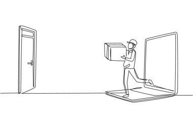 Erkek kuryeyi dizüstü bilgisayardan çıkarıp paket kutusunu müşterinin kapısına taşıyan bir hat devam ediyor. Çevrimiçi dağıtım hizmeti kavramı. Tek çizgi çizimi tasarım vektörü grafik çizimi