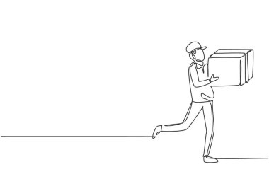 Tek sıra halinde kurye kutusu taşıyan bir kurye. E-ticaret. İnternetten alışveriş. Çevrimiçi dağıtım servisi. Hızlı teslimat konsepti. Modern sürekli çizgi çizimi tasarım grafik vektör çizimi