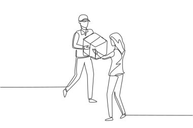 Tek çizgi çizen kurye kadın müşteriye paket kutusu veriyor. İnternetten alışveriş. Çevrimiçi dağıtım servisi. Hızlı teslimat konsepti. Aralıksız çizgi çizimi tasarım grafik vektör çizimi