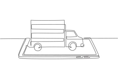 Aralıksız bir hat çizerek teslimat arabası teslimat paketleri dağıtır ve akıllı telefon ekranına biner. Çevrimiçi dağıtım servisi. Hızlı teslimat konsepti. Tek çizgi çizimi tasarım vektörü grafik çizimi