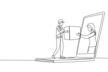 Dişi müşterileri çeken bir satır, erkek kuryeden dizüstü bilgisayarla paket alır. Çevrimiçi dağıtım hizmeti kavramı. Tek çizgi çizimi tasarım vektörü grafik çizimi
