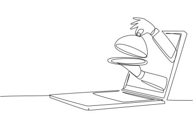 Tek sıra halinde dizüstü bilgisayar ekranından yemek servisi için tepsiyi açarak çıkmaya devam edin. E-alışveriş. Dijital olarak yemek sipariş et. Çevrimiçi dağıtım hizmeti kavramı. Tek çizgi çizimi tasarım vektörü grafik çizimi