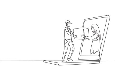 Arap kadın müşterilerin sürekli çizdiği tek sıra, kuryeden dizüstü bilgisayar ekranına yüklenmiş paketi alır. Çevrimiçi dağıtım servisi. Dinamik bir çizgi çizer grafik tasarım vektörü çizer