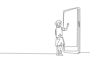 Tek satır, ortaokul öğrencisi kız öğrencisinin beyaz tahtaya yazıyormuş gibi akıllı telefon ekranına yazması. Öğrenme konsepti. Aralıksız çizgi çizimi tasarım grafik vektör çizimi