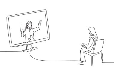 Sürekli tesettürlü bir kız öğrenci çiziyor monitör ekranına bakıyor ve dizüstü bilgisayarın içinde erkek Arap öğretim görevlisi ders veriyor. Tek tasarım vektör grafik illüstrasyonu
