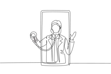 Sürekli bir çizgi halinde erkek doktor stetoskop tutarak ekrandan çıkıyor. Çevrimiçi tıbbi hizmetler, tıbbi danışma konsepti. Tek çizgi çizimi tasarım vektörü grafik çizimi