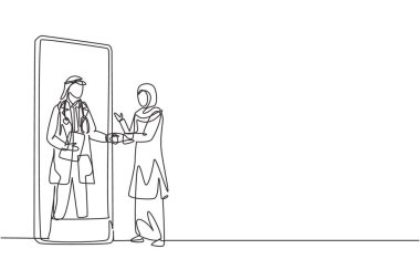 Tek sıra halinde, tesettürlü kadın hasta akıllı telefon panosunda erkek doktorla el sıkışıyor. Online tıbbi konsept. Dinamik bir çizgi çizer grafik tasarım vektörü çizer