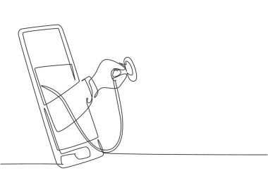Doktorun elini stetoskop tutarak ekrandan çeken tek bir çizgi. Tıbbi teşhis konsepti analizi, araştırma. Modern sürekli çizgi çizimi tasarım grafik vektör çizimi