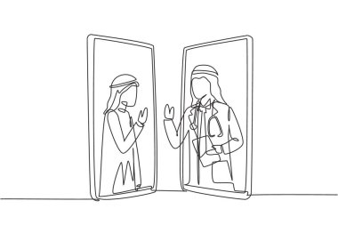 Tek sıra halinde iki akıllı telefonu yüz yüze çizerek Arap erkek hasta ve Arap erkek doktoru içeriyor. Sanki akıllı telefondan çıkıyormuş gibi. Modern sürekli çizgi çizim grafiği