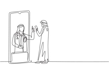 Tek sıra halinde akıllı telefonu elinde tutan Arap erkek hasta dev akıllı telefona bakıyor ve erkek doktora danışıyor. Doktor hatta. Modern sürekli çizgi çizimi tasarım grafik vektör çizimi