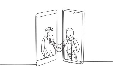 Birbirine bakan iki akıllı telefonu üst üste çizerek tesettürlü kadın doktor steteskop kullanan Arap erkek hastaların kalp atışlarını kontrol ediyor. Tek çizgi çizimi tasarım vektörü grafik çizimi