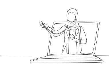 Sürekli tesettürlü bir kadın doktor stetoskop tutarak dizüstü bilgisayardan çıkıyor. Çevrimiçi tıbbi hizmetler, tıbbi danışmanlık. Tek çizgi çizimi tasarım vektörü grafik çizimi