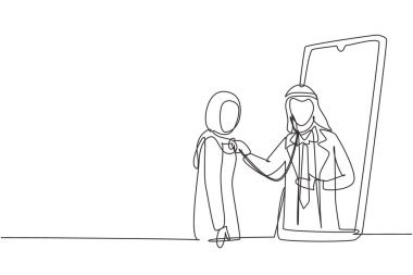 Tek sıra halinde, akıllı telefon ekranından çıkan Arap erkek doktor stetoskop kullanarak kadının kalp atışlarını kontrol ediyor. Dinamik bir çizgi çizer grafik tasarım vektörü çizer