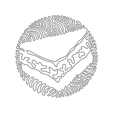 Sebze, peynir, et ve pirzola dolu lezzetli sandviçlerden oluşan tek bir çizim. Kıvrımlı kıvrımlı çember arka plan tarzı. Modern sürekli çizgi çizimi tasarım grafik vektör çizimi