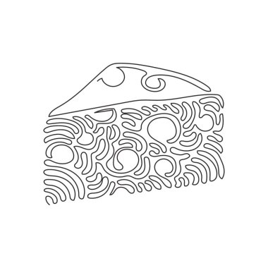 Çedar peyniri çizmeye devam et. Basit gradyan logosu ve delikler gerçekçi üçgen formu. Kahvaltı için lezzetli bir aperatif. Kıvrımlı kıvrımlı. Tek çizgi çizimi tasarım vektörü grafik çizimi