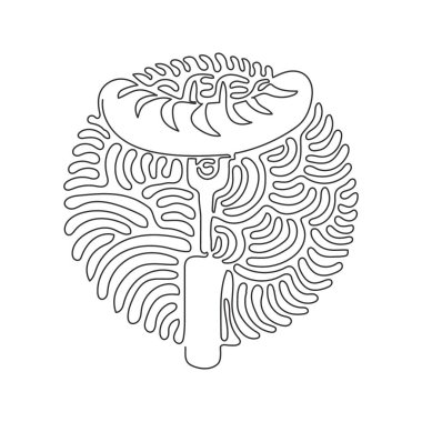 Tek sıra halinde ızgara sosis, simge, barbekü ve yemek, çatal üzerinde sosis. Kıvrımlı kıvrımlı çember arka plan tarzı. Modern sürekli çizgi çizimi tasarım grafik vektör çizimi