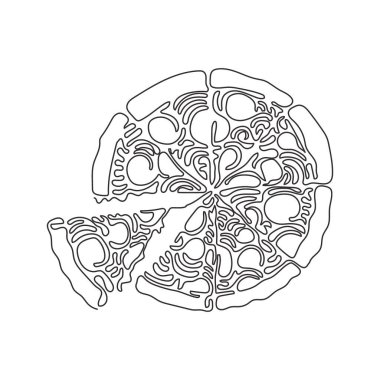 Sürekli olarak domates, peynir, zeytin, sosis, soğan ve fesleğenli pizza çiziyorum. Lezzetli geleneksel İtalyan fast food. Kıvrımlı kıvrımlı. Tek çizgi çizimi tasarım vektörü grafik çizimi