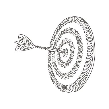 Hedef odaklı iş hedefi kavramına sürekli bir ok dartı. Hedefe ulaşma başarısı. Kıvrımlı kıvrımlı. Tek çizgi çizimi tasarım vektörü grafik çizimi
