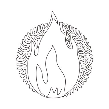 Aralıksız tek sıra halinde ateş ve alev alıyor. Soyut bir şekilde kırmızı alev. Düz ateş. Modern sanat izole edilmiş grafik. Ateş işareti. Kıvrımlı kıvrımlı çember arka plan tarzı. Tek çizgi çizimi tasarım vektörü grafiği