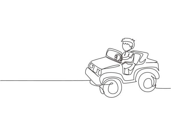 운전하는 귀여운 행복하게 운전하는 장난감 차에서 귀여운 아이들의 선그리기 그래픽 — 스톡 벡터